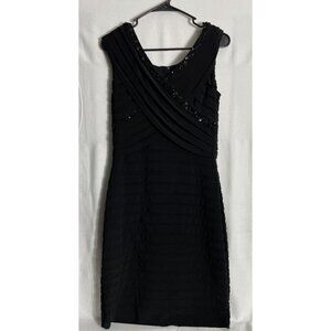 Adriana Papell Sz 12 Black Ruched Dress Beaded Sleeveless Zip Back Midi Stretch
